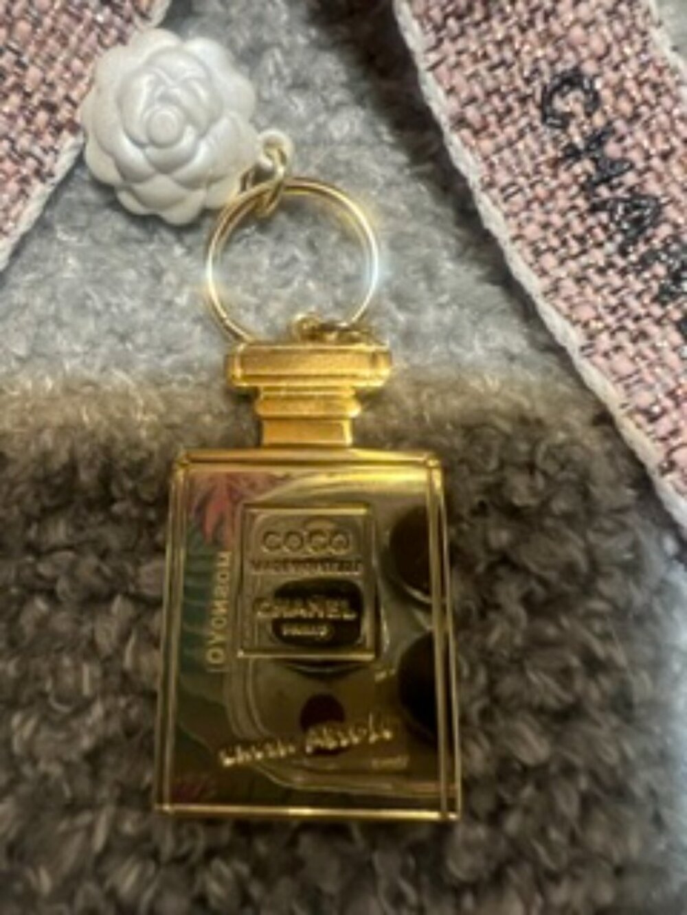New Gold Tone Coco Chanel Perfume Charm with white Camellia